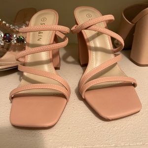 Light pink, strappy, chunky heel shoes